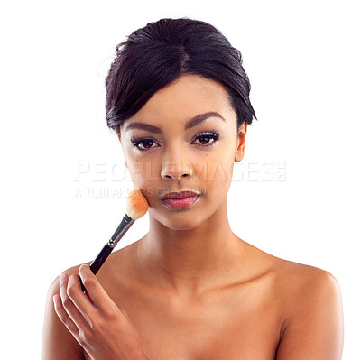 Buy stock photo Studio portrait, woman and brush with makeup for skin glow, foundation and cosmetic with shine. Girl, skincare and natural beauty with tool for blush and facial transformation by white background