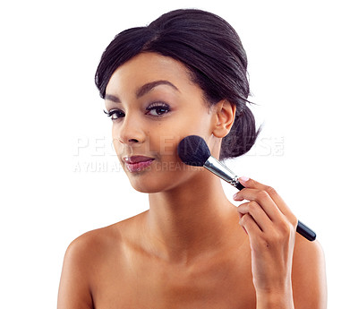 Buy stock photo African woman, powder or beauty with blush in studio for makeup, eyeliner or cosmetic with brush. Female person, aesthetic or white background with confidence in portrait, lipstick or transformation