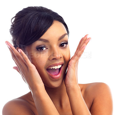 Buy stock photo Closeup studio portrait of a young woman with perfect skin looking excited