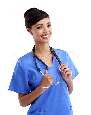 Buy stock photo Healthcare, portrait and woman nurse in studio with stethoscope for lungs, heart or chest exam on white background. Hospital, face and surgical intern smile with friendly service, help or consulting