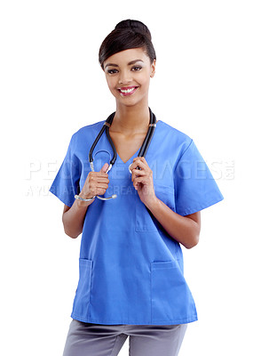 Buy stock photo Hospital, portrait and woman nurse in studio with stethoscope for lungs, heart or chest exam on white background. Healthcare, face and surgical intern smile with friendly service, help or consulting