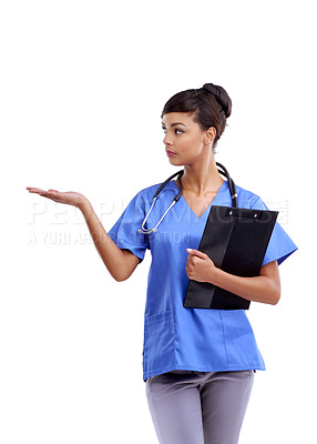 Buy stock photo Nurse, woman and palm for presentation in studio with healthcare, medicine or insurance offer. Medical worker or doctor with checklist, clipboard and hand for mockup information on white background
