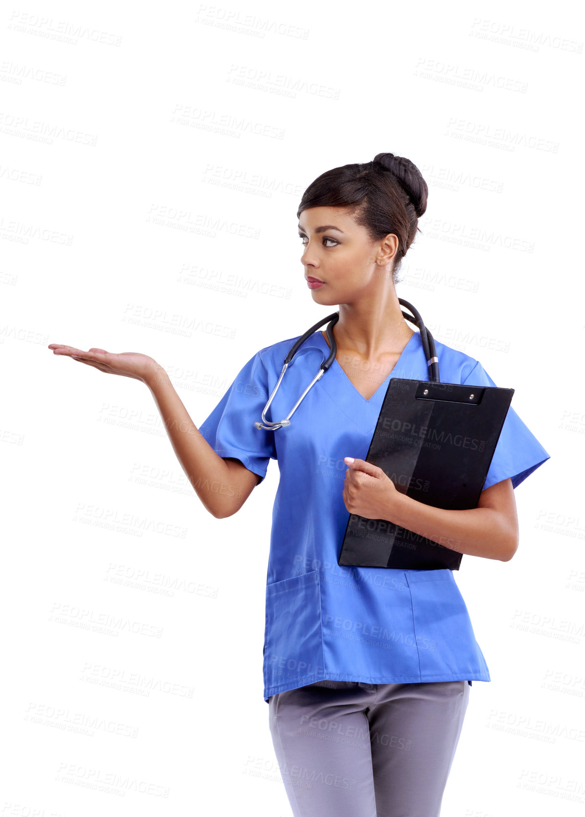Buy stock photo Nurse, woman and palm for presentation in studio with healthcare, medicine or insurance offer. Medical worker or doctor with checklist, clipboard and hand for mockup information on white background