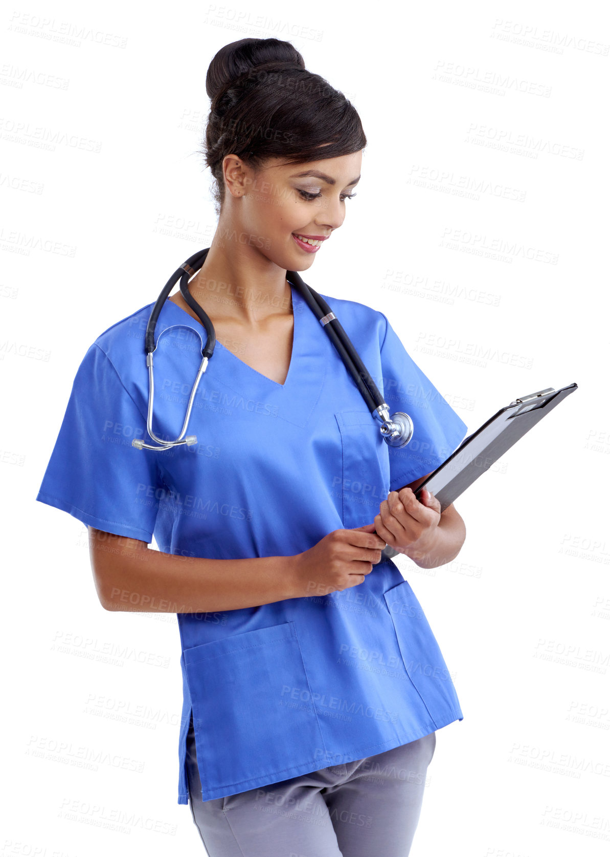 Buy stock photo Nurse, woman and documents in studio for healthcare information, results and  charts. Medical worker, student or resident physician reading clipboard for clinic training program on white background