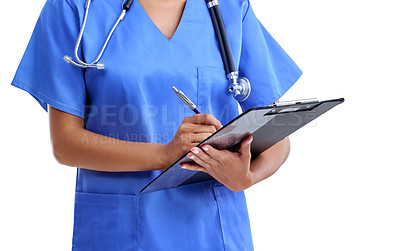 Buy stock photo Cropped studio shot of a healthcare worker looking at a medical record isolated on white