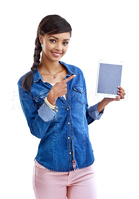 Buy stock photo Girl, portrait and pointing to tablet screen in studio presentation for ebook reader on white background. Student or woman on digital technology for sign up in online education or electronic library