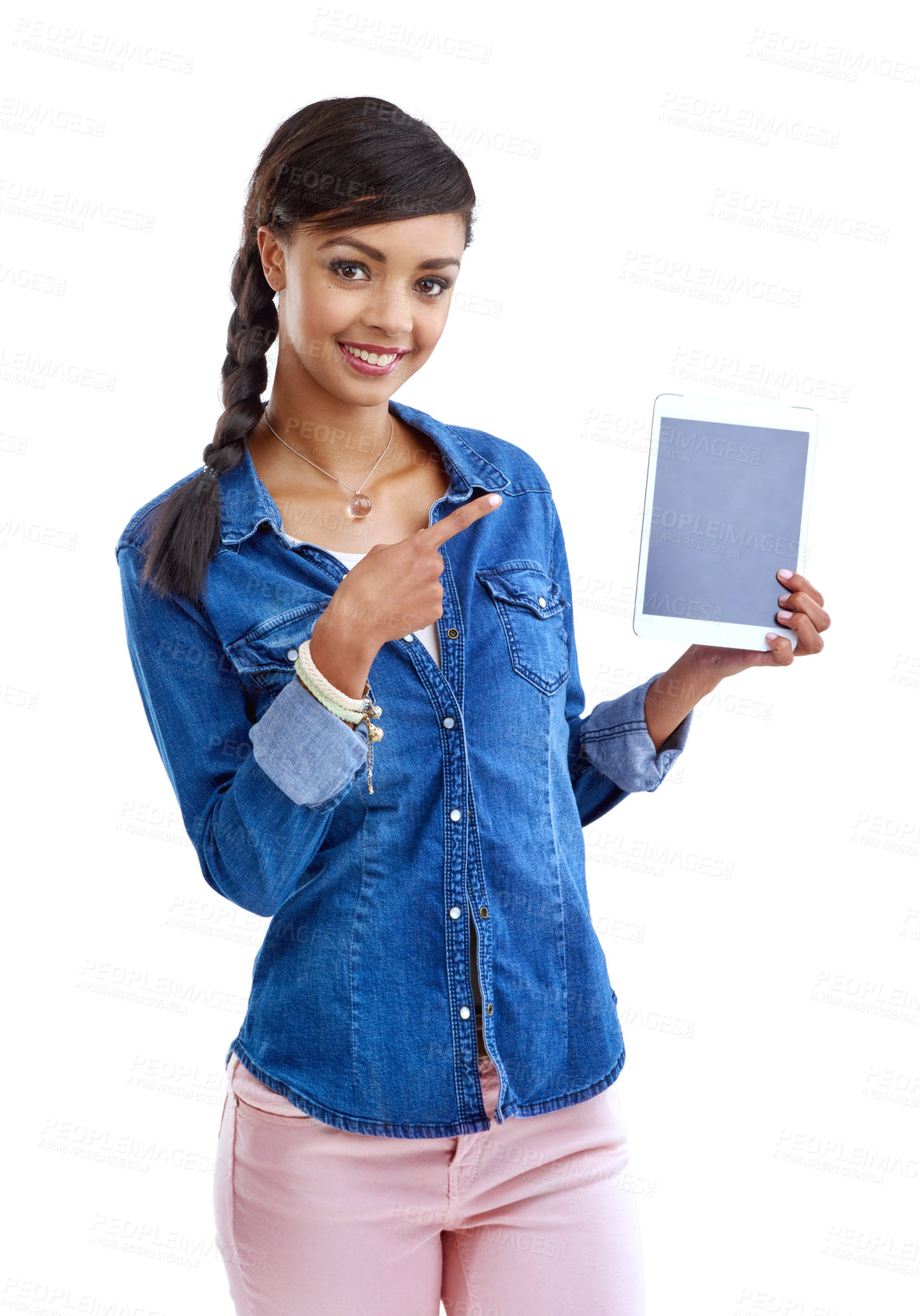 Buy stock photo Girl, portrait and pointing to tablet screen in studio presentation for ebook reader on white background. Student or woman on digital technology for sign up in online education or electronic library