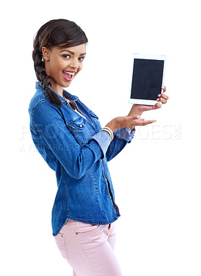 Buy stock photo Girl, portrait and presentation of tablet screen in studio for ebook reader or learning app on white background. Excited student with digital marketing for online education or electronic resources