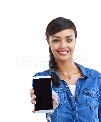 Buy stock photo Phone screen, portrait or girl in studio with mockup for social network, search or info on white background. Smartphone, space or student with streaming app, sign up or upskill elearning subscription