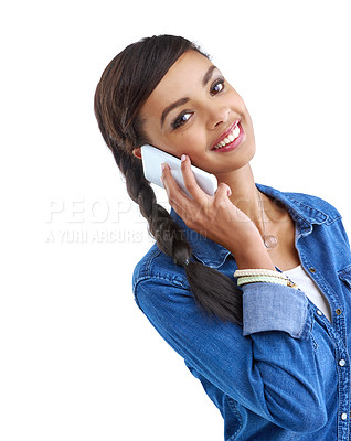 Buy stock photo Phone call, happy and portrait of girl in studio for communication, contact and conversation. News, smile and isolated woman on cellphone for talking, networking and chat online on white background