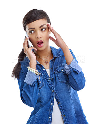 Buy stock photo Phone call, shock and girl with gossip in studio for communication, contact and conversation. News, drama and isolated woman on cellphone for talking, networking and chat online on white background