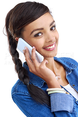 Buy stock photo Phone call, happy and portrait of woman in studio for communication, contact and conversation. White background, networking and isolated girl with cellphone for talking, chat and online discussion