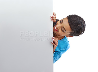 Buy stock photo Poster, presentation and girl in studio with mockup for news, information or deal offer on white background. Banner, announcement and gen z model with space for menu, guide and billboard checklist