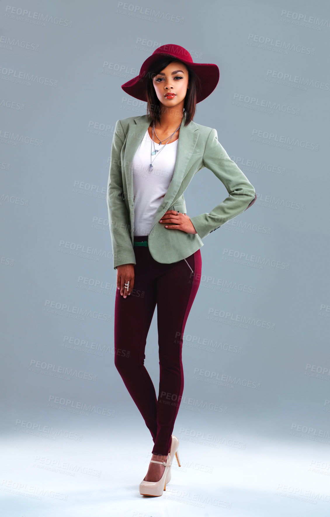 Buy stock photo Woman. fashion and portrait with modern style and chic clothes in a studio with confidence. Trendy, clothing and young designer student from Houston with smart casual outfit and grey background