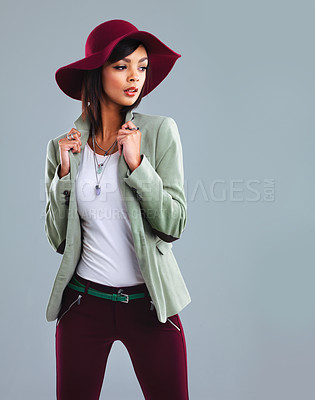 Buy stock photo Woman. fashion and hat with idea and style and chic clothes in studio with cool confidence. Y2k, thrift jacket and young design student from Houston with smart casual outfit and grey background