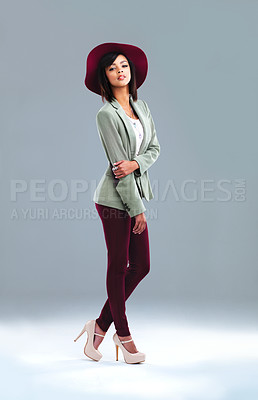 Buy stock photo Woman. fashion and portrait with retro style and chic clothes in a studio with confidence. Trendy, classy and young designer student from Houston with smart casual outfit and grey background