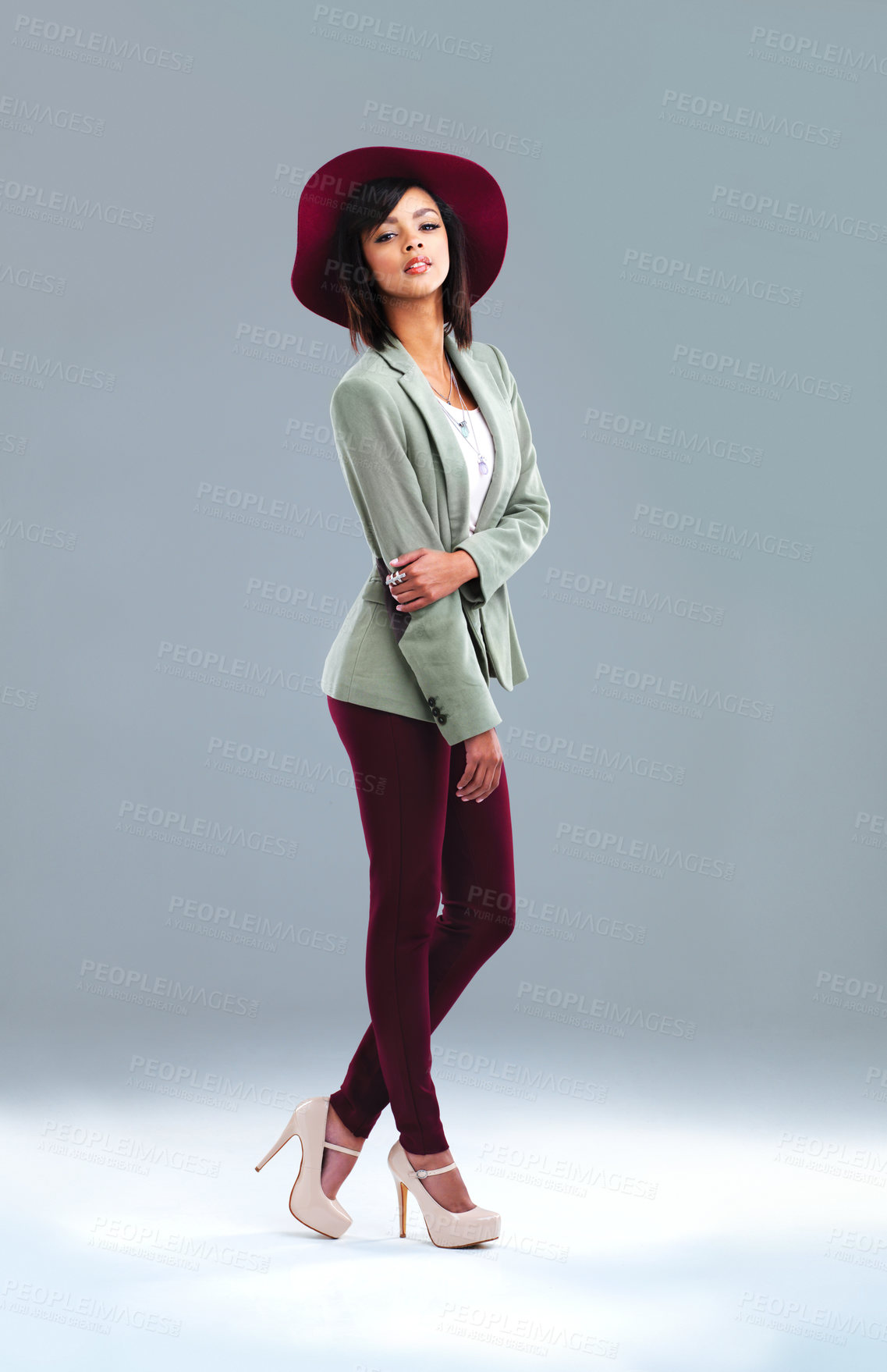 Buy stock photo Woman. fashion and portrait with retro style and chic clothes in a studio with confidence. Trendy, classy and young designer student from Houston with smart casual outfit and grey background