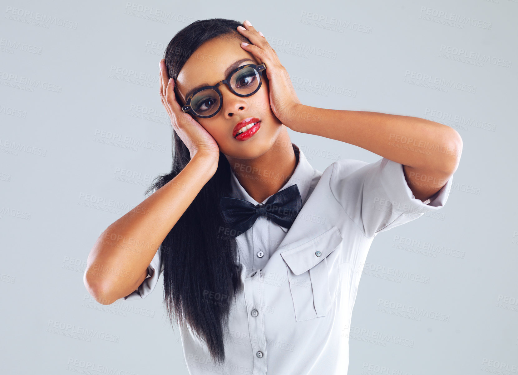 Buy stock photo Funny, face and woman in studio confused with fashion of nerd or geek on background, mockup or space. Crazy, girl and student with glasses overwhelmed in college or academy with puzzle or question