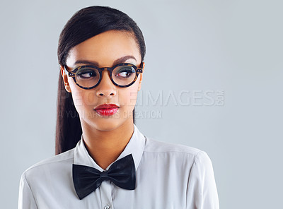 Buy stock photo Student, doubt and thinking in studio confused with fashion of nerd or geek on background, mockup or space. Question, why and frustrated girl problem solving with glasses in college or academy