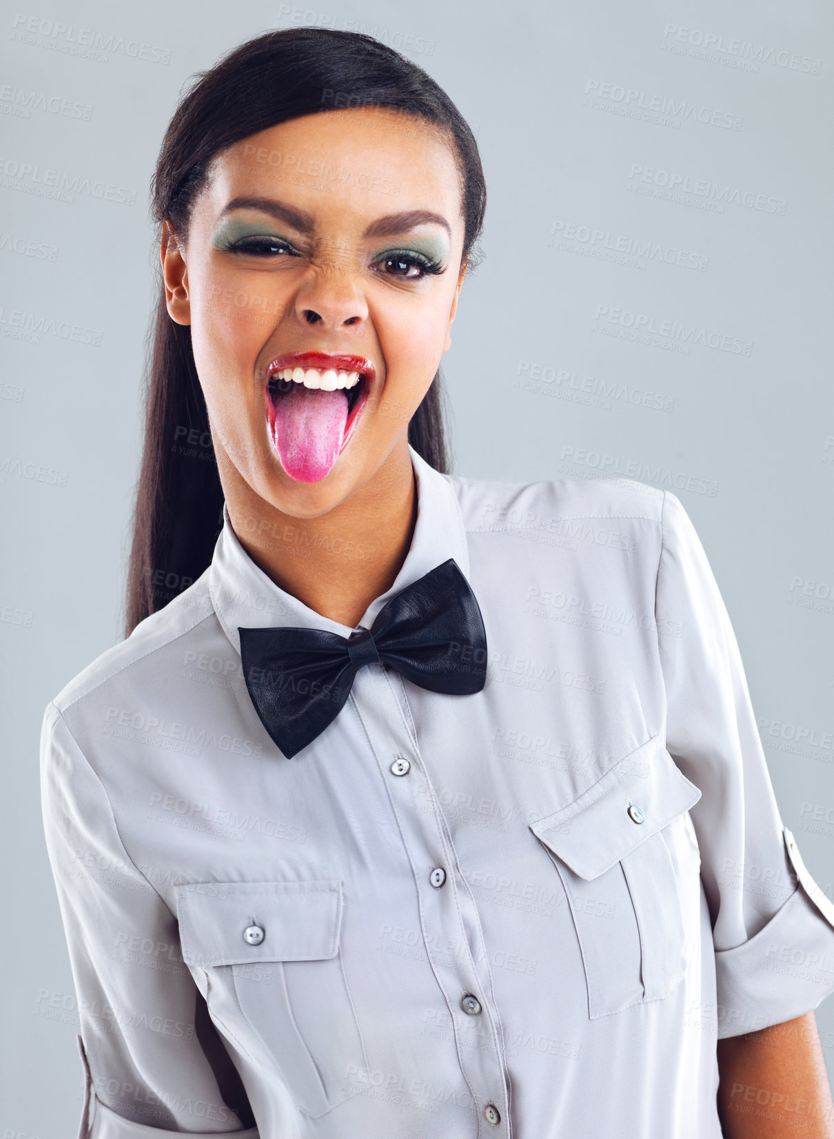 Buy stock photo Happiness, girl and crazy emoji face for fashion in studio for designer, comedy and unique on backdrop. Gen z, stylish and aesthetic portrait of young woman for trendy, sunglasses, and creativity.