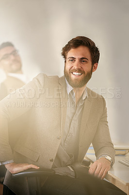 Buy stock photo Business man, desk and thinking of journalist in news publishing office with happy reporter and writer. Professional, workplace and story publication employee ready for working and press reporting