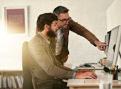 Buy stock photo Creative businessman, teamwork and coaching intern on computer in web design, UX or UI at the office. Man designer training staff or student on PC for team support, help or startup at the workplace