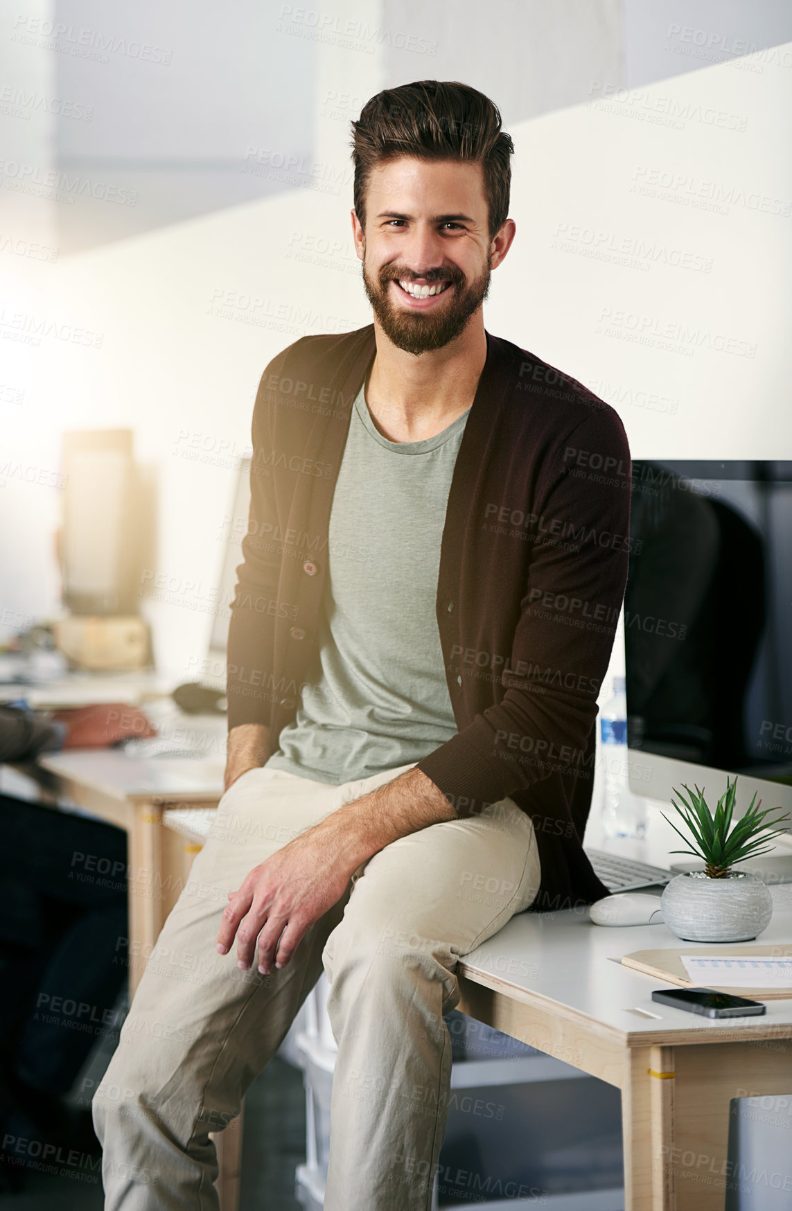 Buy stock photo Design , businessman and portrait in office for ui project, creativity and working at computer. Web designer, agency and employee in workplace for startup, pride and confidence with technology