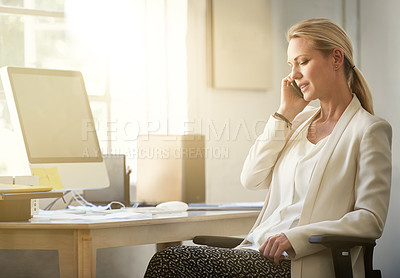 Buy stock photo Small business, woman and smartphone in office for phone call, creativity and networking on desk. Web designer, communication and planning in workplace for startup, pride or confidence with talking