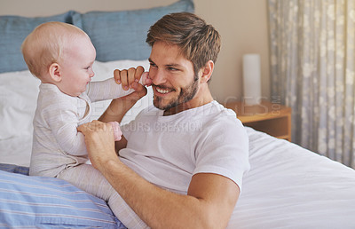 Buy stock photo Family, playing and father with baby in bedroom for bonding, relationship and care for parenting. Happy, home and dad playing with newborn infant for child development, support and affection in house