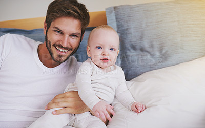 Buy stock photo Bedroom, happy and portrait of father with baby for bonding, relationship and love for parenting. Family, home and dad with newborn infant on bed for child development, support and childcare in house