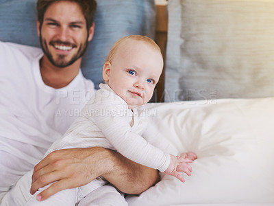 Buy stock photo Family, happy and father with baby in bedroom for bonding, relationship and care for parenting. Love, portrait and dad playing with newborn infant for child development, support and affection in home