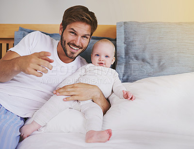 Buy stock photo Family, bedroom and portrait of father with baby for bonding, relationship and love for parenting. Happy, home and dad relax with newborn infant for child development, support and care in house