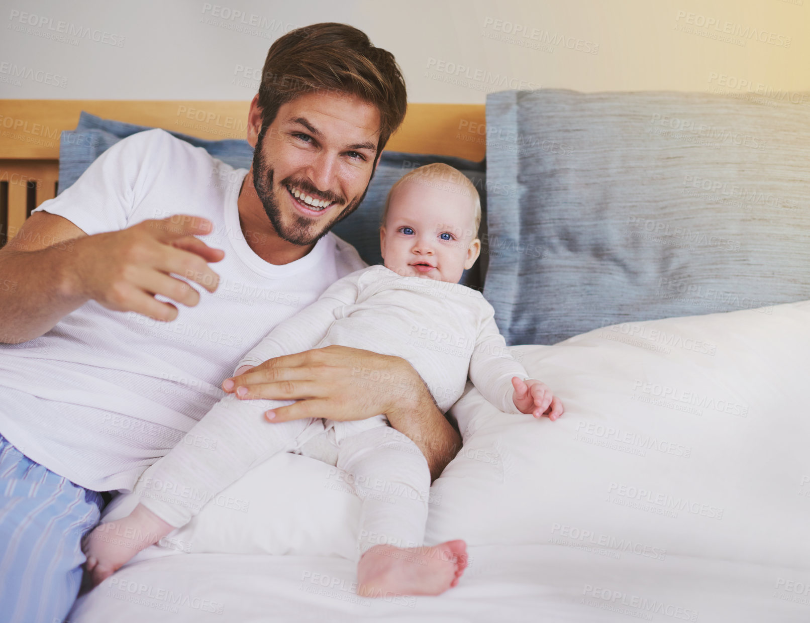 Buy stock photo Family, bedroom and portrait of father with baby for bonding, relationship and love for parenting. Happy, home and dad relax with newborn infant for child development, support and care in house