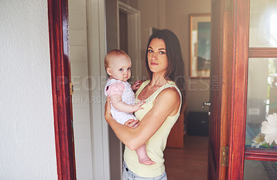 Buy stock photo Door, home and portrait of baby with mother for bonding, parenting and relax together in house. Happy, family and mom carrying newborn infant for child development, support and love in morning