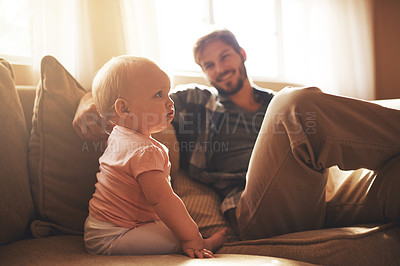 Buy stock photo Happy, morning and father with baby on sofa for bonding, relationship and care for parenting. Family, home and dad with newborn infant for child development, support and affection in living room