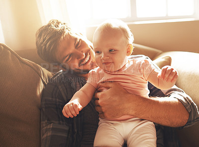 Buy stock photo Happy, morning and father with baby on sofa for bonding, relationship and care for parenting. Family, home and dad with newborn infant for child development, support and affection in living room