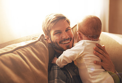 Buy stock photo Family, sofa and portrait of father with baby for bonding, relationship and care for parenting. Morning, home and happy dad and newborn infant for child development, love and affection in living room