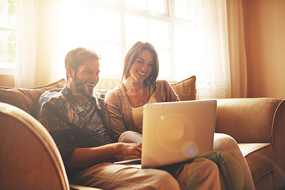 Buy stock photo Happy, relax and couple on sofa with laptop for watching movies, entertainment and streaming in living room. Marriage, love and man and woman on computer for internet, website and online film in home