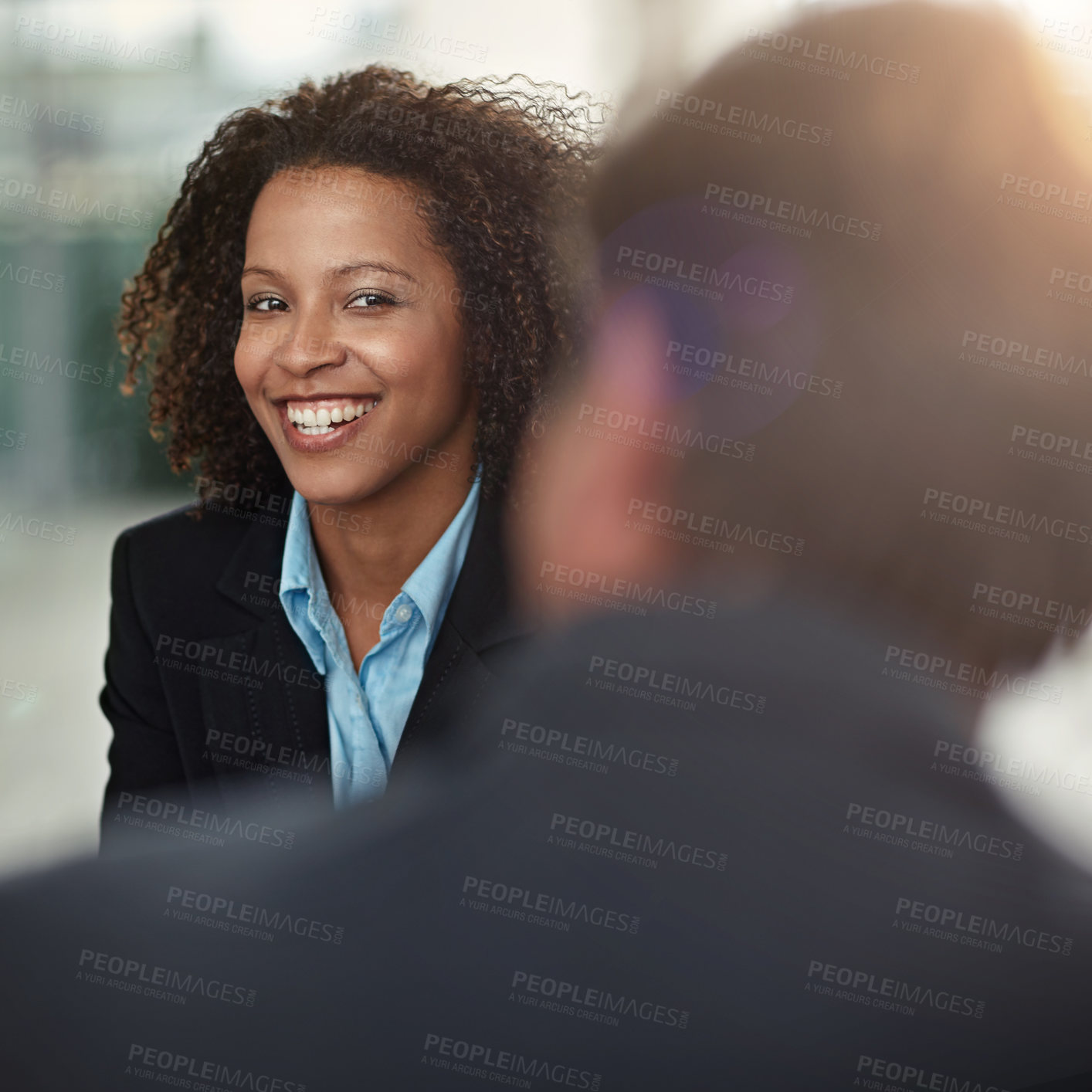 Buy stock photo Business meeting, portrait of businesswoman smile and with colleagues at office. Corporate or consulting, happy and communication or collaboration with black female person with coworkers at workplace