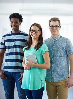 Buy stock photo Cropped portrait of three coworkers standing in the office