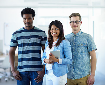 Buy stock photo Cropped portrait of three coworkers standing in the office