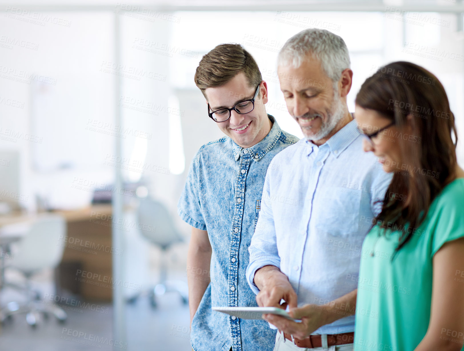 Buy stock photo Meeting, tablet and business people in office for research, website review and online project. Creative company, professional and workers on digital tech for contact, teamwork and collaboration