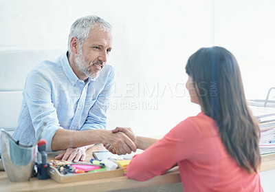 Buy stock photo Cropped shot of a mature businessman meeting with a young employee