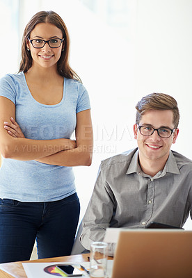 Buy stock photo Portrait of two young designers working together in their office