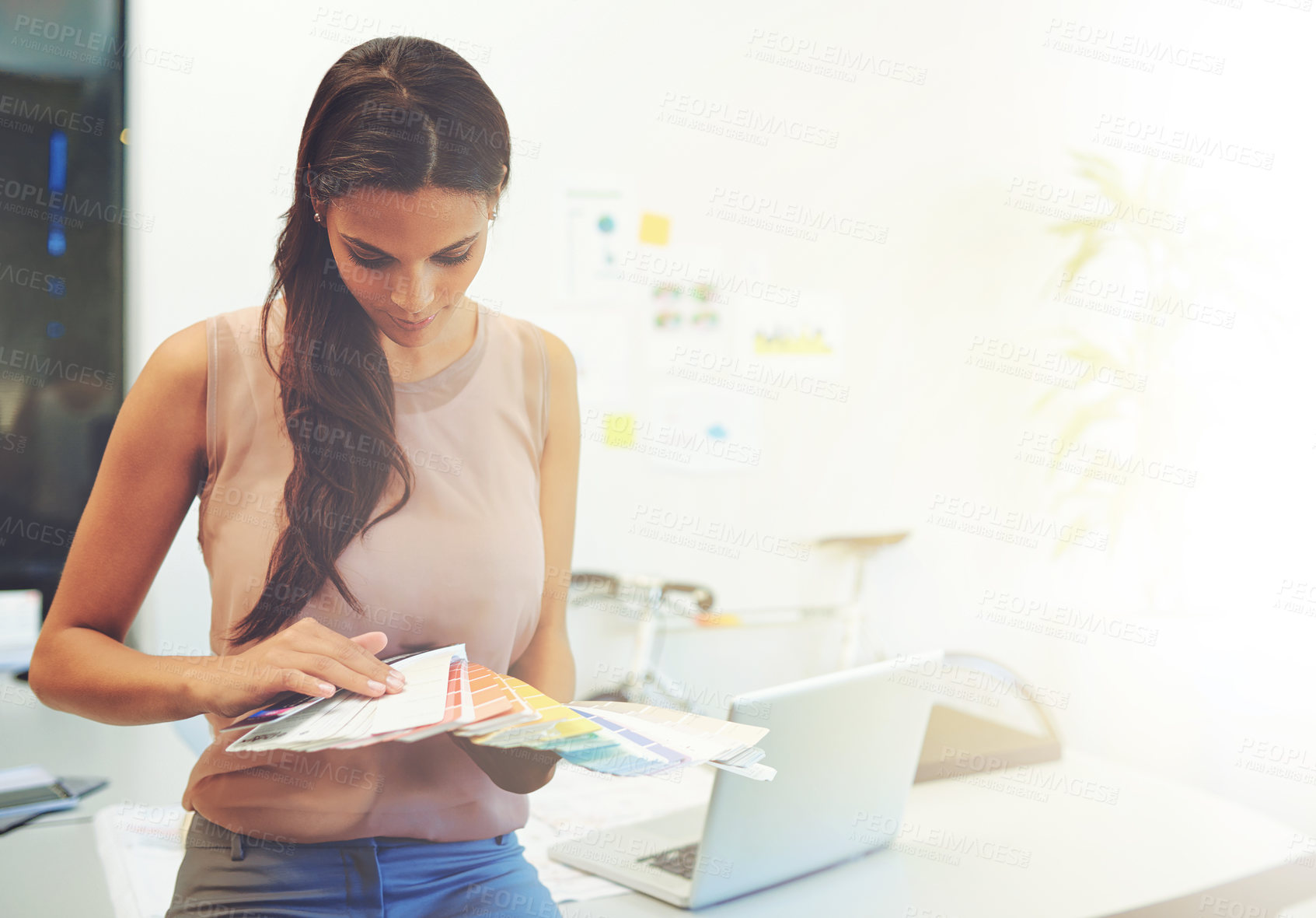 Buy stock photo Woman, color swatch and choice in office for business, interior design service and creativity for home improvement. Designer, thinking or palette in agency for creative process, selection or decision