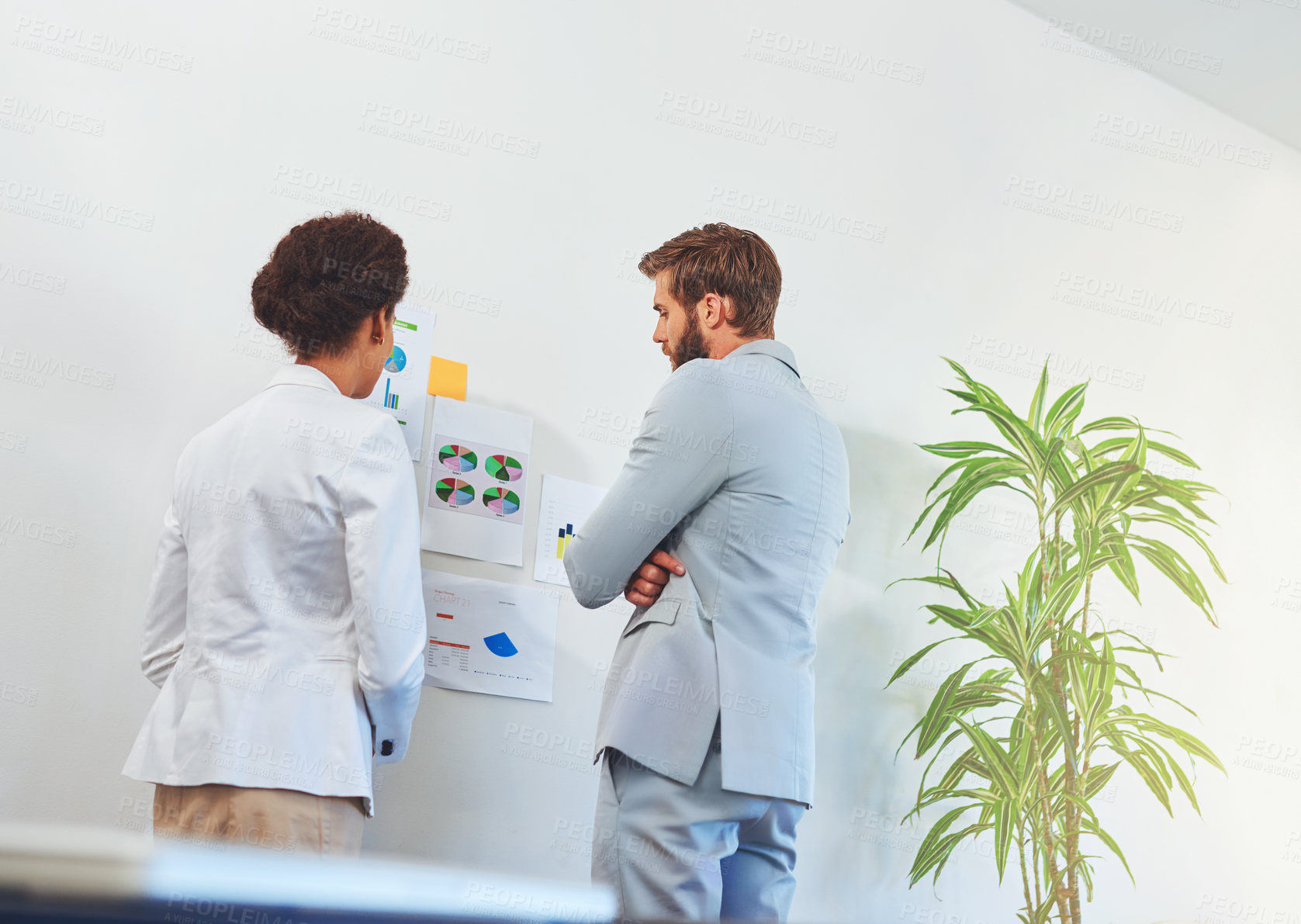 Buy stock photo Rearview shot of two designers looking at plans on a wall