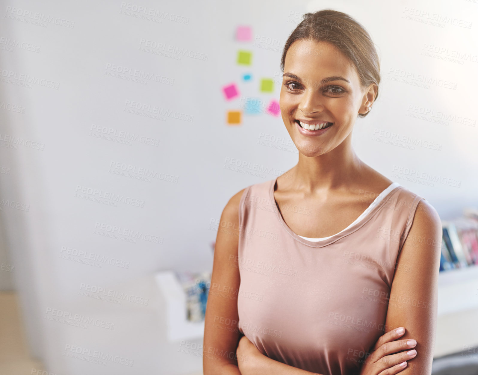 Buy stock photo Arms crossed, creative and portrait of designer woman in office for brainstorming or planning on wall. Confident, documents and smile of social media marketing manager in workplace with statistics