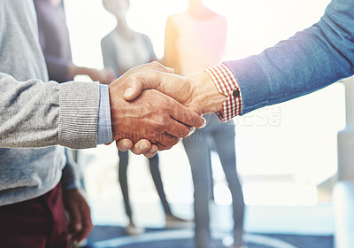 Buy stock photo Closeup, hand shake and agreement for partnership in office with welcome, onboarding or b2b collaboration. Men, business and shaking hands for hiring, recruitment and congratulations in workplace