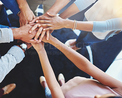 Buy stock photo Business people, hands together and office worker group with support, motivation and solidarity gesture. Above, hand in and success of teamwork and staff with workplace community and achievement