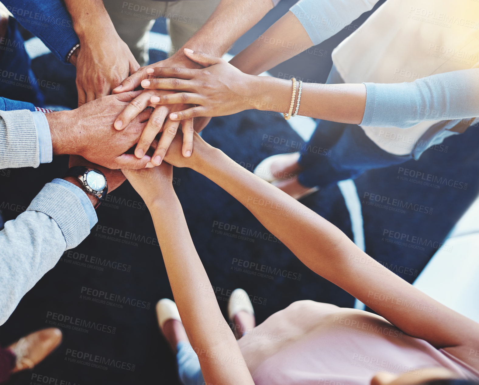 Buy stock photo Business people, hands together and office worker group with support, motivation and solidarity gesture. Above, hand in and success of teamwork and staff with workplace community and achievement
